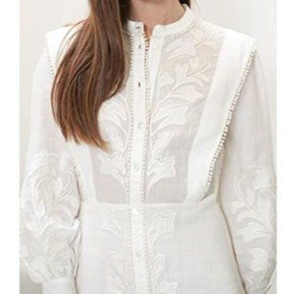 VERONICA BEARD Analeah Dress Embroidered Minidress Puff Sleeves Tassel Pom Pom - Picture 7 of 16